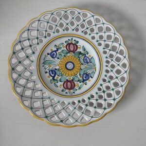 Modra Decorative Plate With  Reticulated Lattice Floral Yellow White Green vtg